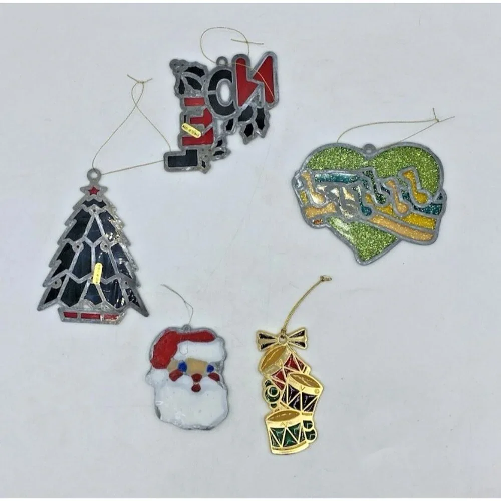 Lot 5 Vintage Plastic Christmas Ornaments Faux Stained Glass Suncatchers Decor